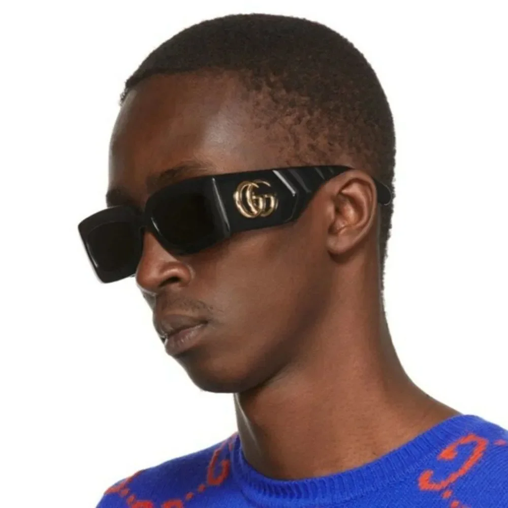 NEW Gucci GG0811S 001 Black Logo Gray Rectangle Anti-Reflective Unisex Sunglasse